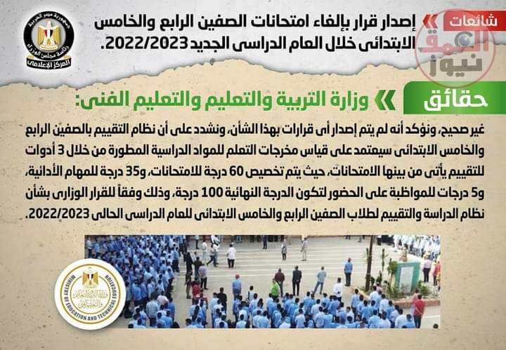 شائعة: إصدار قرار بإلغاء امتحانات الصفين الرابع والخامس الابتدائي خلال العام الدراسي الجديد 2022/2023 العمق نيوز